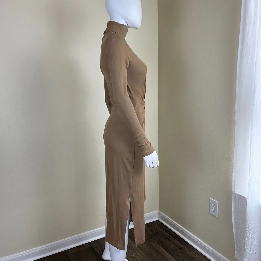 Ralph Lauren Womens Size M Camel Tie Front Turtleneck Sweater Bodycon Midi Dress
